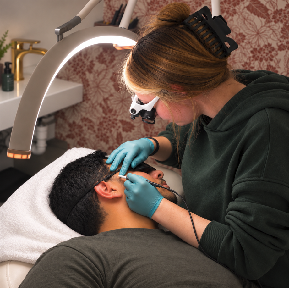 Electrologist treating a client in a professional studio