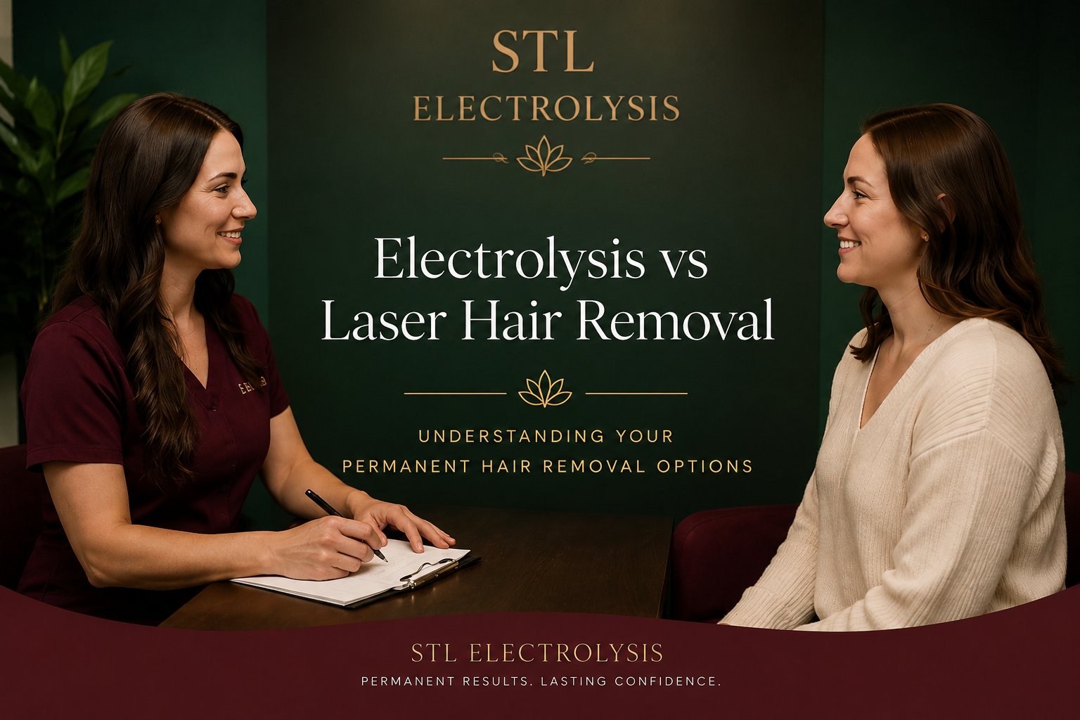 Consultation about electrolysis versus laser hair removal options at Bare Radiance Studio in O'Fallon, Missouri