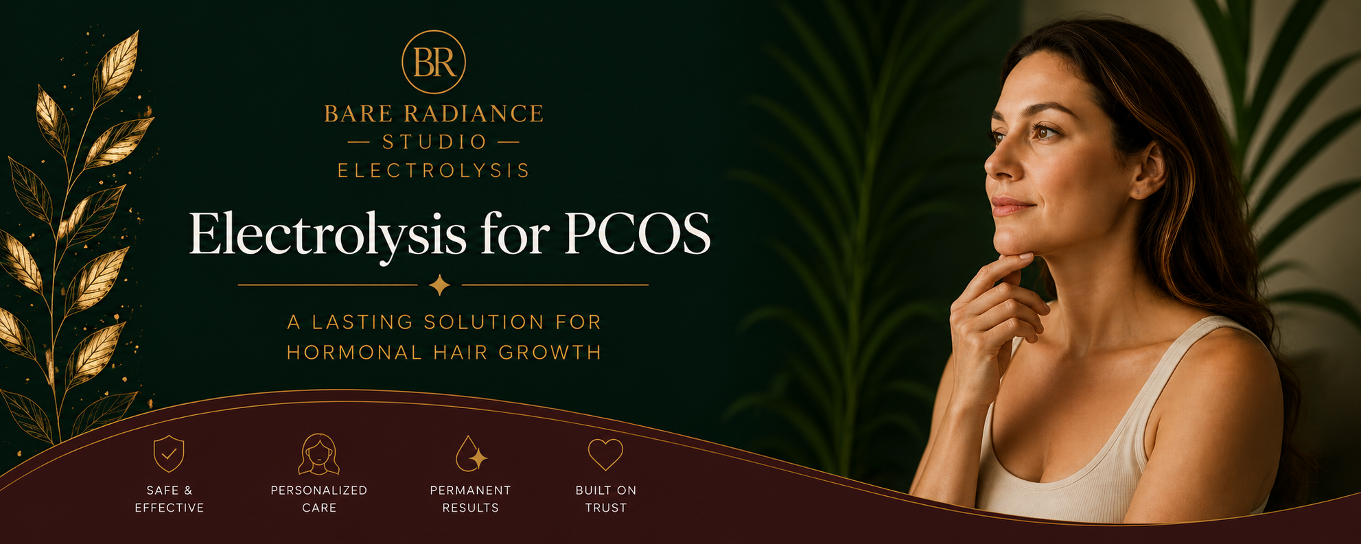 Electrolysis for PCOS educational hero image by Bare Radiance Studio showing a woman with hormonal facial hair concerns